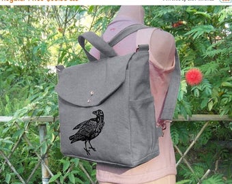 On Sale 20% off Gray canvas backpack, raven screenprinted backpack, canvas messenger bag, travel bag, hand bag, shoulder bag