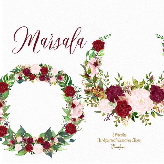 Marsala wreath clipart marsala and pink watercolor clipart