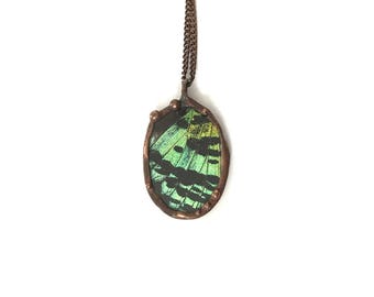 Sunset Moth Green Copper Butterfly Necklace Steampunk Glass