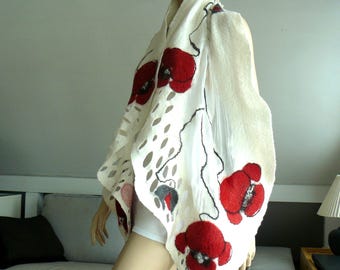 Nuno felted scarf silk and wool - White and red flowers shawl