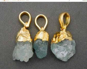 15% off Christmas in July Aquamarine Pendant Charm -- Raw Aquamarine Nugget Pendant with Gold Electroplated Cap (S37B15)