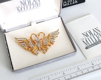 Nolan Miller Crystal Kissings Swans Brooch/ Original Box #1183