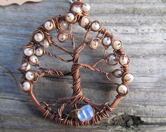 Tree of Life Pendant Necklace with Pearl and Sea Opal