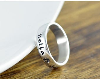 10% off sale Personalized Ring - Dog Mom Ring - Paw Print Ring - Hand Stamped Ring - Dog Lover Jewelry - Name Ring, Stackable Rings