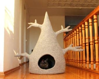 Cat house - cat tree - cat bed - wool cat cave - light grey felted wool cat bed - made to order - hauswarming gift