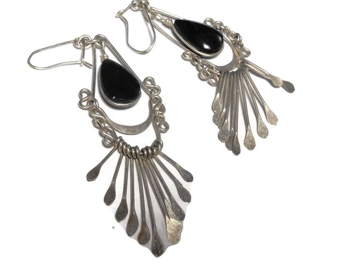 Black onyx silver earrings, plated or 800 silver, kidney backs, pierced drops, teardrop cabochon, spoon paddle dangles, Southwestern Mexican