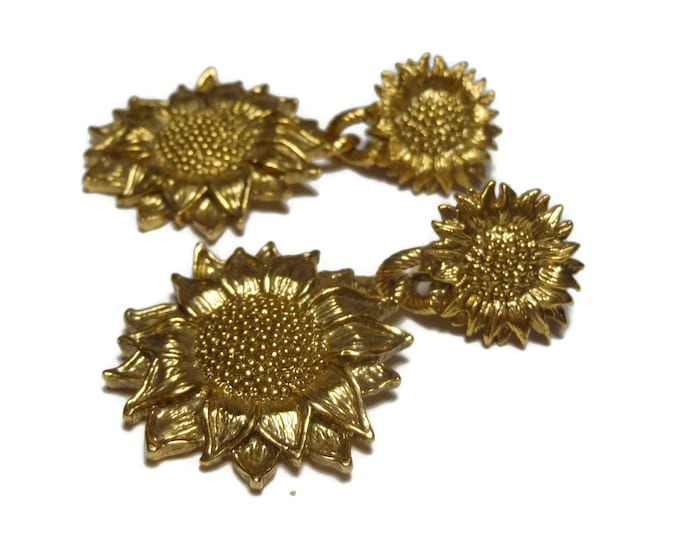 1928 sunflower earrings, 1928 jewelry Company dangle earrings, textured drop clip earrings, unsigned 1928, floral earrings