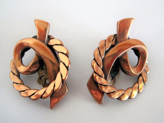 Copper Mid Century Earrings - Rope Edge - Clip Ons