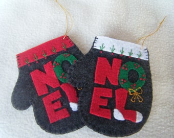 Christmas Noel on Gray Felt Mitten Christmas Ornament/Gift Card Holder - 100% HANDMADE