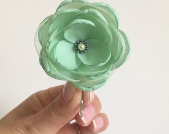 Mint fabric flower hair clip, hair accessories, Wedding flowers, bridesmaid shoe clip, pale green hair pin, brooch, sew on ornament