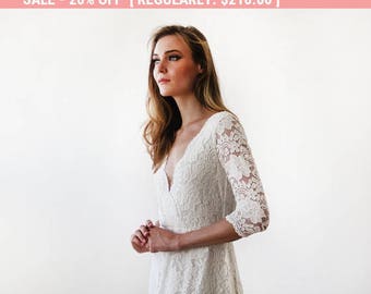 Ivory long sleeves lace wedding gown, Lace bridal gown, Ivory lace wedding empire dress 1124
