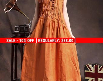 SALE! Linen Dress ,ruffle Linen Dress In Orange , Linen Cocktail Dress,long Linen Sundress , Loose Tunic Dress, Line Gown, Xl,xxl, Plus