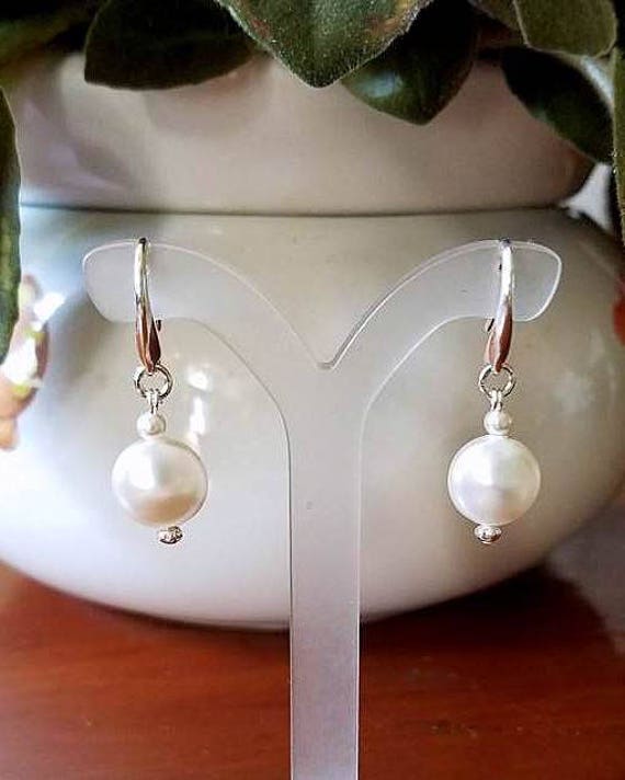 SabbysPlace32 White Swarovski Coin Crystal Pearl Silver Earrings