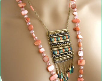 Necklaces/necklaces - Turquoise, green, salmon. Mother of Pearl, Crystal, chain and pendants