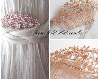 Rose Gold and Crystal Floral Hair Comb. Bridal, Special Occasion, Crystal Hair Combs.