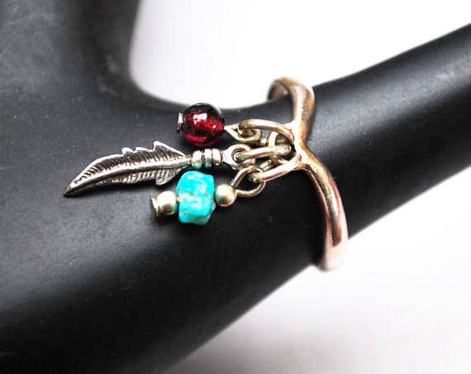 Sterling ring - Dangle Gemstone beads - Signed - turquoise Garnet- feather - size 6 ring -South Western - Native American
