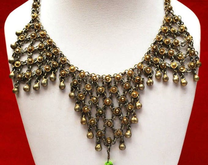 India Chain Link Bib Necklace - Gypsy Boho - Green Glass - Brass gold tone metal - chain maille -Belly dancer