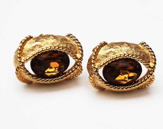 Topaz Glass Gold Cuff links - Facet cut crystal - Amber brown - Cufflinks