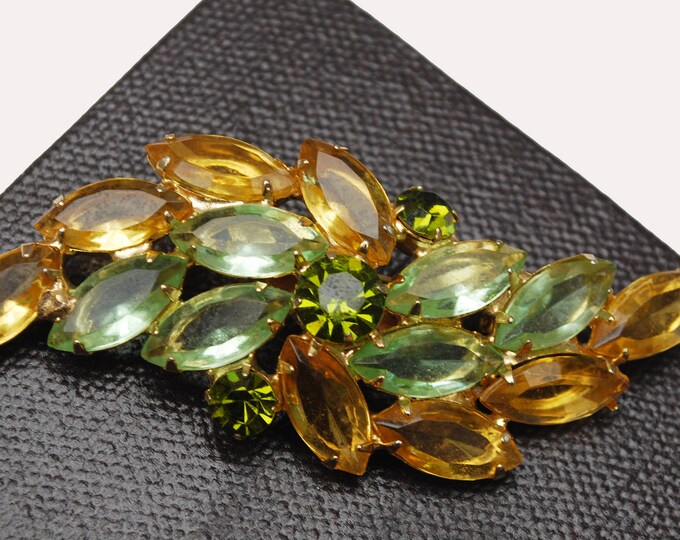 Rhinestone Bar Bow Brooch - open work gold setting - Green yellow Crystal - Orange Glass - Floral pin