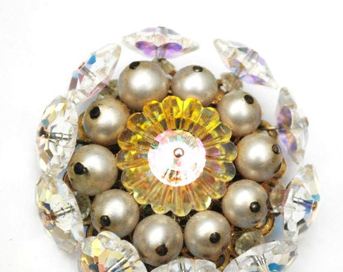 Vendome Brooch - Rivoli Crystal Rhinestone - faux pearl Bead - signed Atomic pin