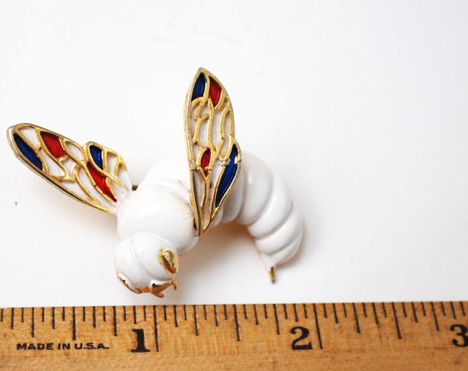 Enamel Bee Brooch - white gold red and blue - flying wasp insect - figurine pin