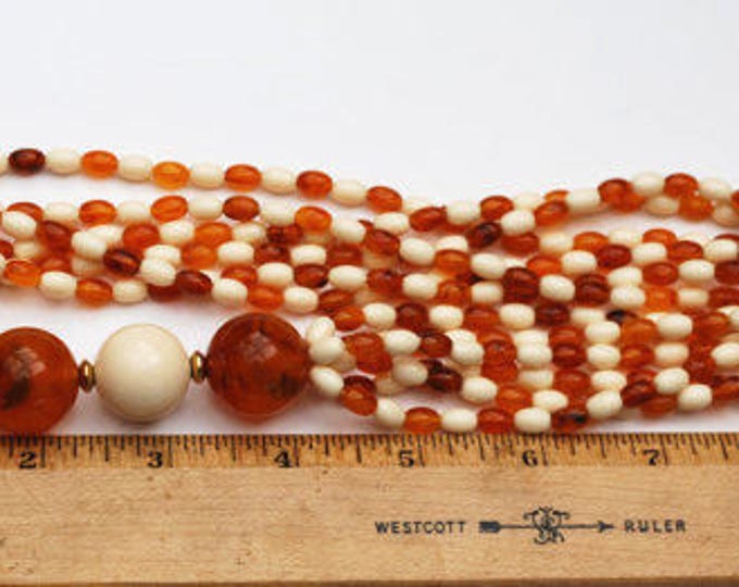 Root beer white torsade Bead Necklace - multi strand - Lucite Plastic - Mod groovy necklace