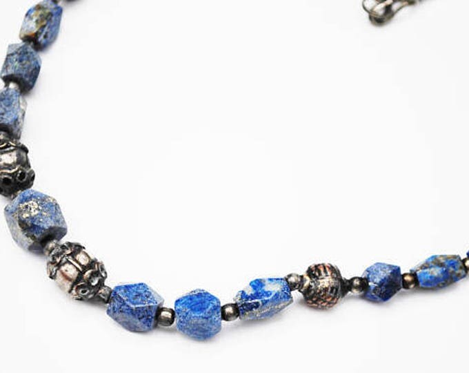 Sodalite Silver bead necklace - blue white gemstone - silver brass copper beads - Boho India style 19 inches