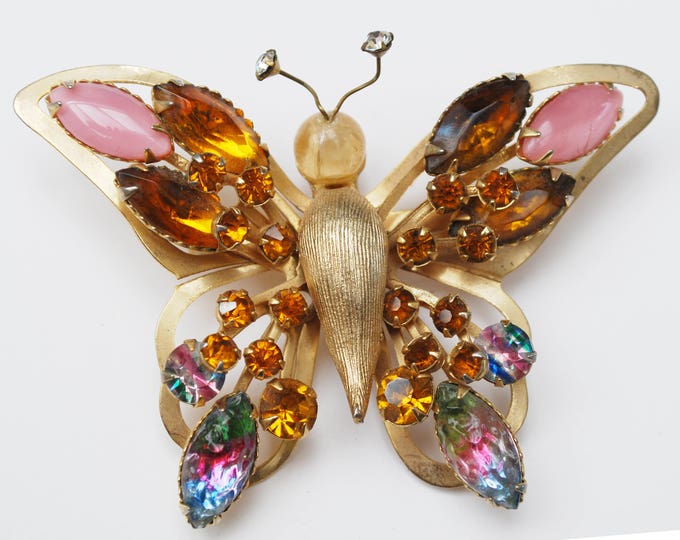 Selini Butterfly Brooch - Amber Pink Rhinestone - Watermelon Color Givre Crystal - Gold metal - Insect pin