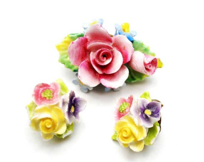 Artone Flower Brooch earring set - Bone China - Pink Blue ceramic -Made in England - Floral pin - Clip on earrings