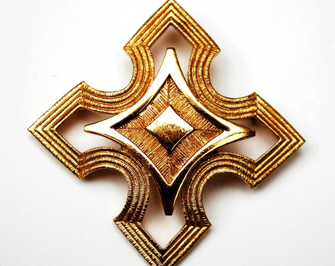 Monet Gold Brooch - Maltese Cross - Geometric Diamond - Yellow gold - Mid Century - signed jewelry Pin