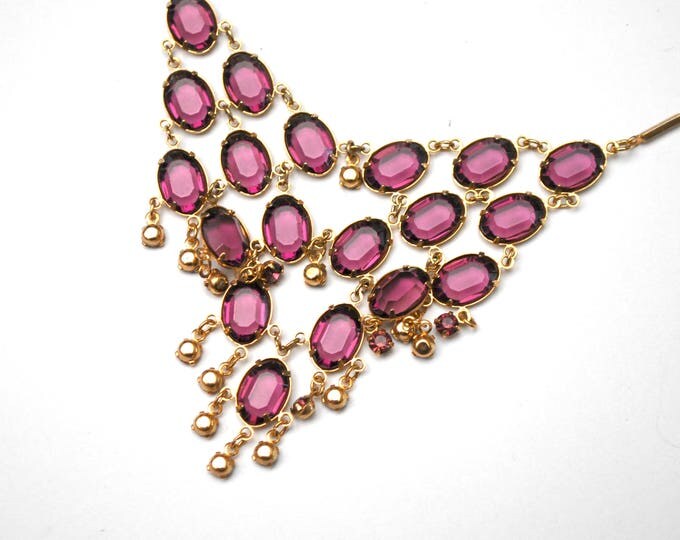 Purple Crystal Bib Necklace - Amethyst Glass Rhinestone - gold plated metal - dangle -