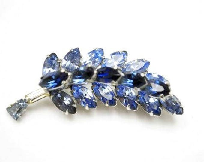 Blue Rhinestone Brooch - Flower Leaf floral pin - silver tone - mid century