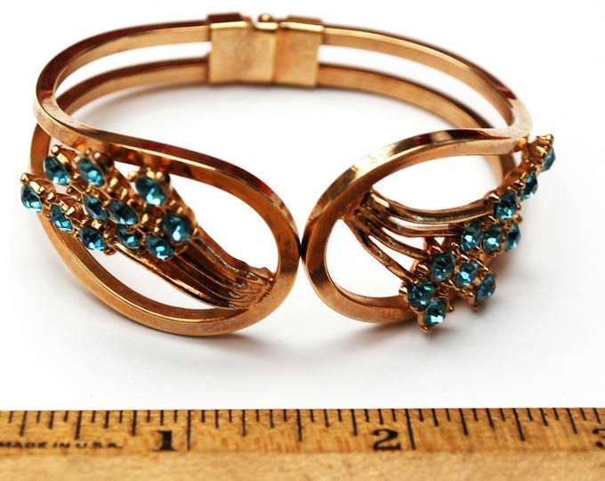 Flower Rhinestone bracelet - gold Hinge Clamper Bangle - Blue Crystal floral - Mid Century