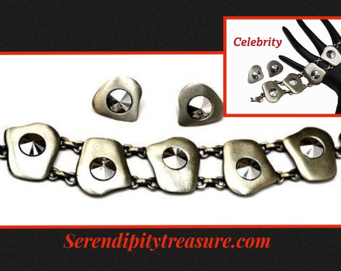 Celebrity Link Bracelet Earring Set - Grey Gun Metal silver tone modern design -Marcasite - clip on earrings