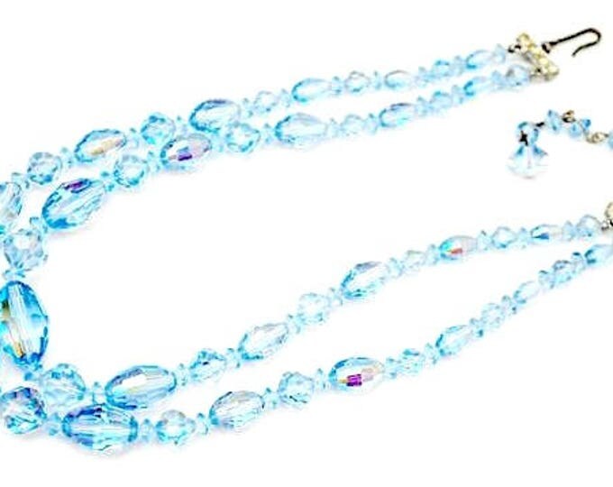 Graduated Bead Necklace - Light Blue facet cut crystal - Glass Beads - Rhinestone clasp