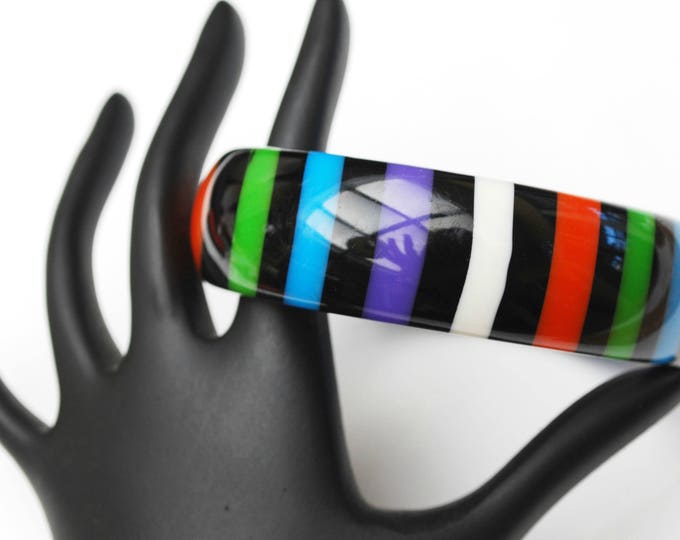 stripped Lucite bangle - Purple Black orange green blue stripes - vintage plastic bracelet