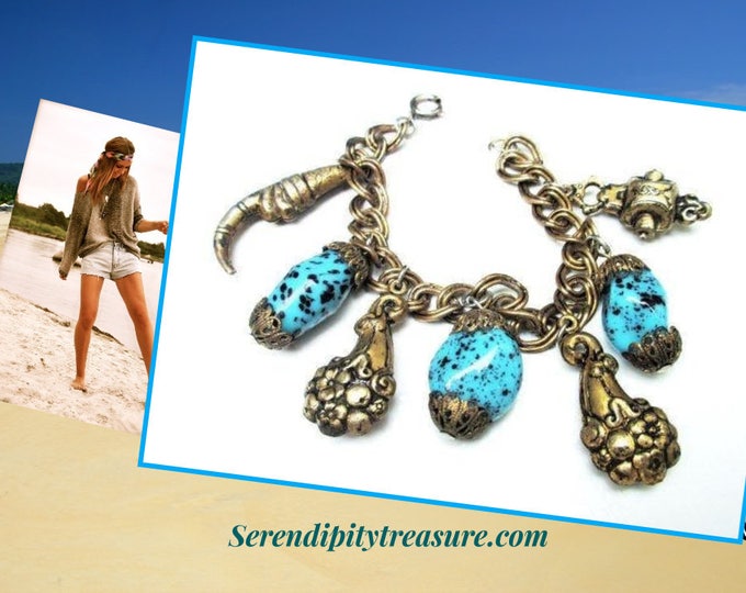 Brass Charm Bracelet - Turquoise blue art glass - unique brass charms- chain bangle