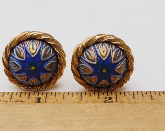 blue pained cuff link - gold metal - Mid century - round domed white gold leaf - vintage cuff links