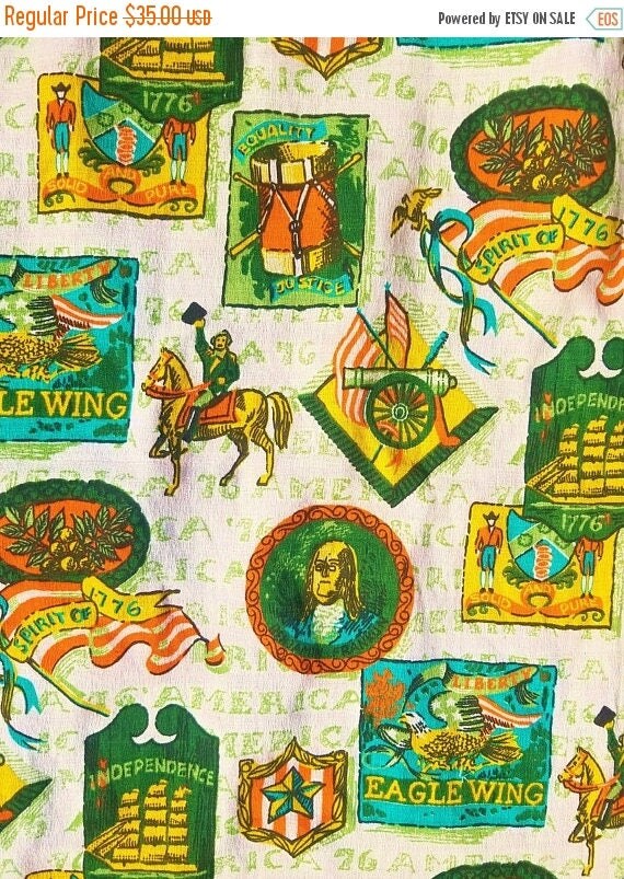 ON SALE Vintage Fabric Colonial Americana Bicentennial Home Decorator