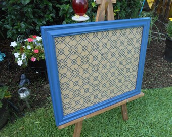 Burlap Blue Framed Bulletin Board-Framed Memo Board-Corkboard- Blue Framed Pin Board-Distressed Cork Board - Burlap Bulletin Board