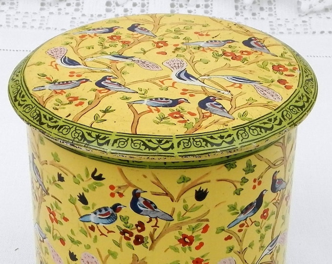 Vintage Yellow Persian Bird and Foliage Style Pattern Round Metal Tin, Retro Cookie Tin with Parrots and Peacock Motif on Yellow with Green