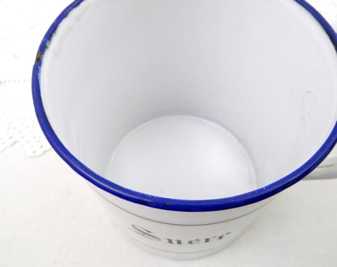 Large Antique French Lidded Sugar Canister with Handle, Made by E.P.G.O in France White Enamelware Pot with Lid and Blue Bands, Cookware Large Antique French Lidded Sugar Canister with Handle, Made by E.P.G.O in France White Enamelware Pot with Lid and Blue Bands, Cookware