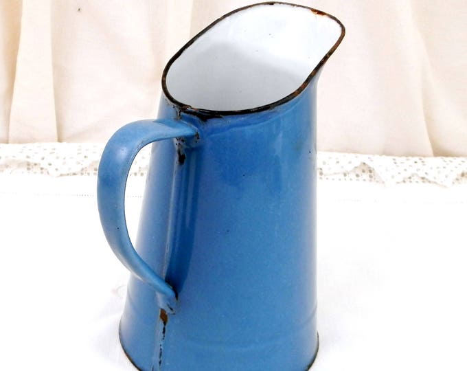 Antique French Bright Blue Enamel Pitcher, Chippy Cottage Kitchen Enamelware Jug, French Country Chateau Shabby Chic, Retro Vintage Decor