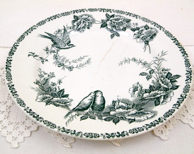 Antique French Ironware Plate With Bird / Bluetit and Rose Flower Transfer Pattern in Teal Blue, St Amand Faience, Pottery from France Antique French Ironware Plate With Bird / Bluetit and Rose Flower Transfer Pattern in Teal Blue, St Amand Faience, Pottery from France