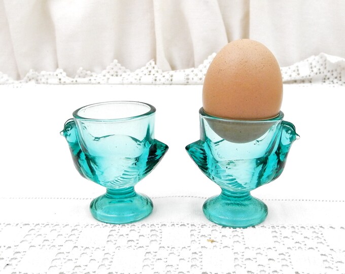 Pair Vintage Matching Green Glass French Verrie D'Arques Chicken Egg Cups, Retro Breakfast Accessory from France, Brocante Decor