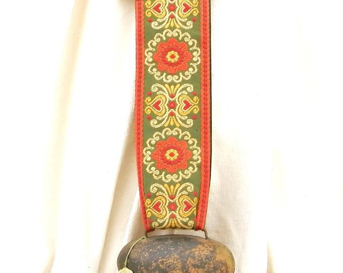 Vintage Decorative Metal Cow Bell From the Alps with Woven Folk Pattern Fabric Braid, Original Alpenshelle Swiss Mountain Cowbell Vintage Decorative Metal Cow Bell From the Alps with Woven Folk Pattern Fabric Braid, Original Alpenshelle Swiss Mountain Cowbell