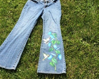 Painted Jeans Wearable Art Hummingbird Morningglory Vines And Flowers Size 6