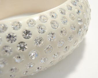 WEISS Hinged Cuff Bracelet Crystal Studded Celluloid Thermoset Plastic Clamper Bridal Bracelet Wedding Jewelry