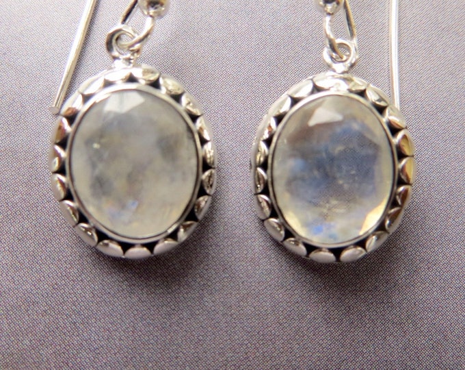 Sterling Moonstone Earrings, Vintage Bali Style, Pierced Earrings, Moonstone Jewelry