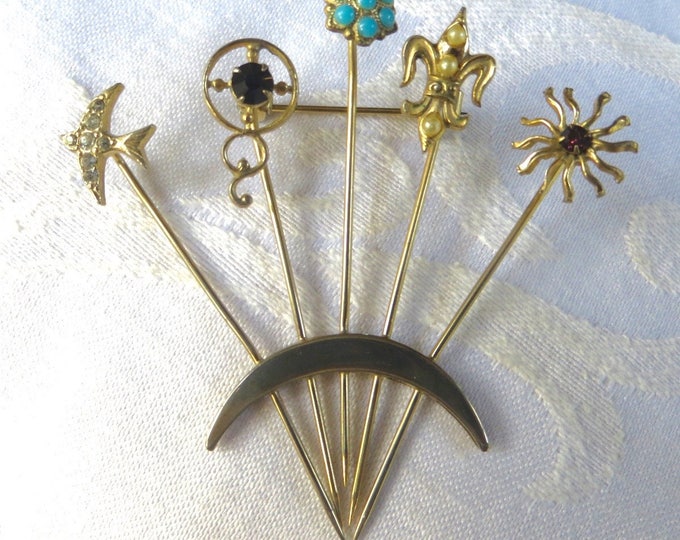 Vintage Stickpin Brooch, Unsigned Goldette Stickpin Pin, Fleur di Lis, Bird, Sun